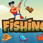 Người đàn ông đang câu cá với hình ảnh một chiếc giày trên cần câu, cùng với các loài cá và một con cua bên dưới, trên nền chữ lớn Fishing