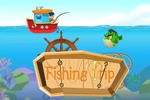 Một người trên thuyền đỏ câu cá, với bánh lái, cá xanh và biển xanh, cùng biển gỗ ghi Fishing Trip