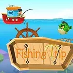 Một người trên thuyền đỏ câu cá, với bánh lái, cá xanh và biển xanh, cùng biển gỗ ghi Fishing Trip