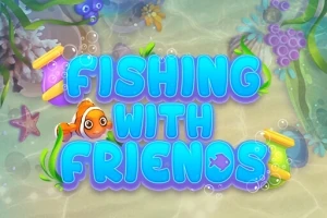 Chữ màu xanh Fishing with Friends với hình chú cá hề và bối cảnh đại dương đầy màu sắc