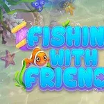 Chữ màu xanh Fishing with Friends với hình chú cá hề và bối cảnh đại dương đầy màu sắc