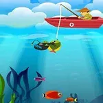 Người đàn ông trên thuyền đỏ đang câu cá trong biển xanh với nhiều loài cá đầy màu sắc