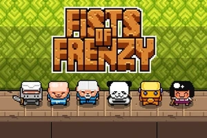Hình ảnh hiển thị dòng chữ lớn Fists of Frenzy phía trên, với sáu nhân vật hoạt hình kiểu pixel đứng trên một nền xanh và nâu