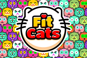 Hình ảnh có logo Fit Cats trong một khung hình đầu mèo, nền là các khuôn mặt mèo nhiều màu