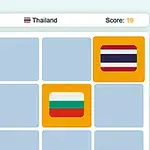 Các lá cờ của các quốc gia trên một lưới ô vuông, với tiêu đề hiển thị Thailand và điểm số ở góc trên cùng