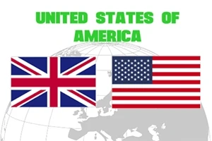 Hai lá cờ của Vương quốc Anh và Hoa Kỳ với chữ United States of America màu xanh lá cây trên nền bản đồ