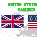 Hai lá cờ của Vương quốc Anh và Hoa Kỳ với chữ United States of America màu xanh lá cây trên nền bản đồ