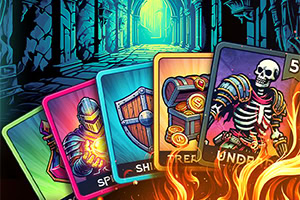 Các lá bài màu sắc rực rỡ với hình ảnh hiệp sĩ, khiên, rương kho báu, và bộ xương trong khung cảnh hầm tối kỳ ảo