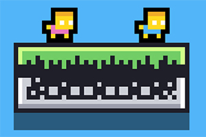 Hai nhân vật hình khối pixel đứng trên một nền cỏ xanh dạng phím đàn piano trên nền xanh da trời