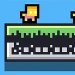 Hai nhân vật hình khối pixel đứng trên một nền cỏ xanh dạng phím đàn piano trên nền xanh da trời