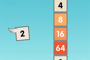 Flappy 2048 Hình ảnh có các ô vuông với số 2 có cánh và một cột các ô vuông màu sắc khác nhau mang số 4, 8, 16, 64, trên nền bầu trời xanh