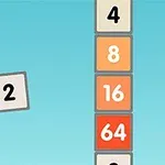 Flappy 2048 Hình ảnh có các ô vuông với số 2 có cánh và một cột các ô vuông màu sắc khác nhau mang số 4, 8, 16, 64, trên nền bầu trời xanh