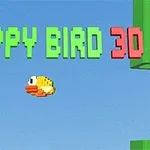 Chú chim màu vàng bay giữa không trung với dòng chữ FLAPPY BIRD 3D ở trên, nền xanh và ống màu xanh ở cạnh phải
