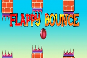 Dòng chữ FLAPPY BOUNCE với nền gạch và một quả bóng màu đỏ ở giữa
