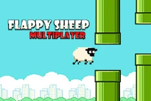 Một chú cừu màu trắng với nền trời xanh, ống nước màu xanh và dòng chữ FLAPPY SHEEP MULTIPLAYER
