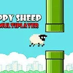 Một chú cừu màu trắng với nền trời xanh, ống nước màu xanh và dòng chữ FLAPPY SHEEP MULTIPLAYER