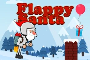 Ông già Noel đang bay với bộ đồ phản lực qua ống khói trong một khung cảnh tuyết phủ, bên cạnh là một quả bóng bay hồng cột vào món quà và dòng chữ Flappy Santa màu đỏ phía trên