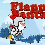 Ông già Noel đang bay với bộ đồ phản lực qua ống khói trong một khung cảnh tuyết phủ, bên cạnh là một quả bóng bay hồng cột vào món quà và dòng chữ Flappy Santa màu đỏ phía trên