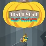 Một con mèo đeo kính bay trên khinh khí cầu hình quả bí ngô với dòng chữ Happy Cat Crazy Halloween