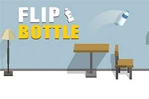 Đèn đứng cùng bàn và ghế gỗ với chai nước đang bay và chữ FLIP BOTTLE trên nền tường xanh dương