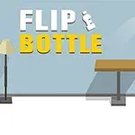 Đèn đứng cùng bàn và ghế gỗ với chai nước đang bay và chữ FLIP BOTTLE trên nền tường xanh dương