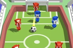 Trên sân bóng đá đồ họa đơn giản với cầu thủ màu đỏ và xanh, một cầu thủ đang sút bóng gần khung thành