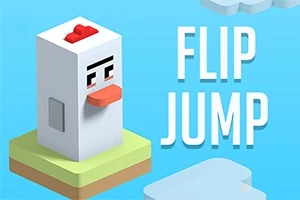 Hình ảnh có một con gà hoạt hình hình khối đứng trên nền xanh với chữ FLIP JUMP bên cạnh