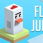Hình ảnh có một con gà hoạt hình hình khối đứng trên nền xanh với chữ FLIP JUMP bên cạnh