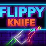 Hình ảnh có dòng chữ FLIPPY KNIFE với hiệu ứng neon trên nền gạch xanh đậm và hình dao cách điệu