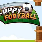 Hình ảnh có biểu tượng quả bóng đá bay qua một banner xanh với chữ Floppy Football và nền trời xanh cùng hai cột giống ống khói