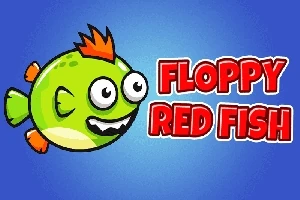 Cá hoạt hình màu xanh lá cây với vây đỏ và chữ Floppy Red Fish trên nền xanh