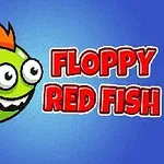 Cá hoạt hình màu xanh lá cây với vây đỏ và chữ Floppy Red Fish trên nền xanh