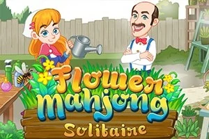 Hai nhân vật hoạt hình đứng trong một khu vườn với chữ Flower Mahjong Solitaire phía trước, có một cô gái cầm bình tưới và một người đàn ông đứng cạnh