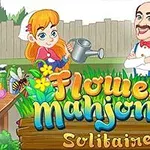 Hai nhân vật hoạt hình đứng trong một khu vườn với chữ Flower Mahjong Solitaire phía trước, có một cô gái cầm bình tưới và một người đàn ông đứng cạnh
