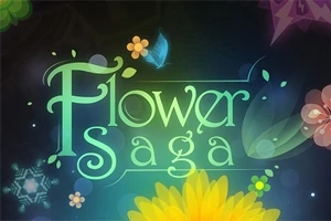 Dòng chữ Flower Saga với nền hoa lá và một con bướm xanh