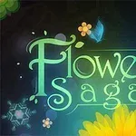 Dòng chữ Flower Saga với nền hoa lá và một con bướm xanh