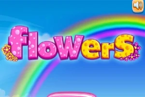 Chữ flowers nhiều màu sắc với cầu vồng phía sau trên nền bầu trời xanh