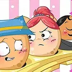 Các nhân vật hoạt hình tròn, giống bánh, với biểu cảm khuôn mặt khác nhau, đang đứng trên một khay vàng, nền sọc hồng và trắng