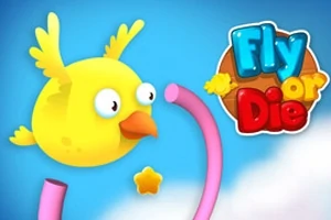 Chú chim màu vàng đang bay qua các vòng tròn hồng trên nền trời xanh với dòng chữ Fly or Die
