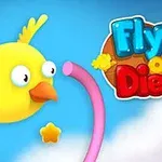 Chú chim màu vàng đang bay qua các vòng tròn hồng trên nền trời xanh với dòng chữ Fly or Die