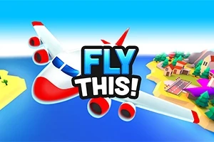 Máy bay hoạt hình bay trên bầu trời xanh với dòng chữ “FLY THIS!