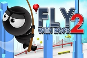 Hình ảnh nhân vật hoạt hình màu đen đang đu dây qua những tòa nhà cao tầng, với dòng chữ Fly with Rope 2 và phong cảnh thành phố ở hậu cảnh