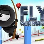 Hình ảnh nhân vật hoạt hình màu đen đang đu dây qua những tòa nhà cao tầng, với dòng chữ Fly with Rope 2 và phong cảnh thành phố ở hậu cảnh