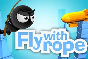 Nhân vật hoạt hình đu dây với phông nền màu xanh và dòng chữ Fly with Rope