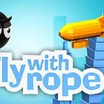 Nhân vật hoạt hình đu dây với phông nền màu xanh và dòng chữ Fly with Rope
