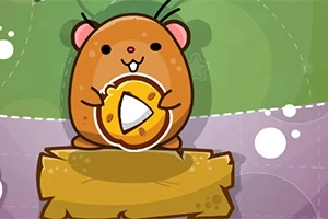 Chuột hamster cầm miếng phô mai hình tam giác, đứng trên tấm gỗ với nền màu xanh và tím