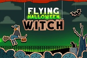 Một phù thủy bay trên chổi, mang theo đèn lồng bí ngô, với bối cảnh đêm Halloween có mèo đen, cây khô và dơi