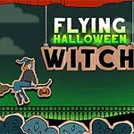 Một phù thủy bay trên chổi, mang theo đèn lồng bí ngô, với bối cảnh đêm Halloween có mèo đen, cây khô và dơi
