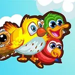 Bốn con chim hoạt hình nhiều màu sắc với đôi mắt to đang bay trên nền trời xanh và mây trắng