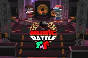 Hai nhân vật hoạt hình trên sân khấu có loa lớn với chữ Music Battle ở phía trước